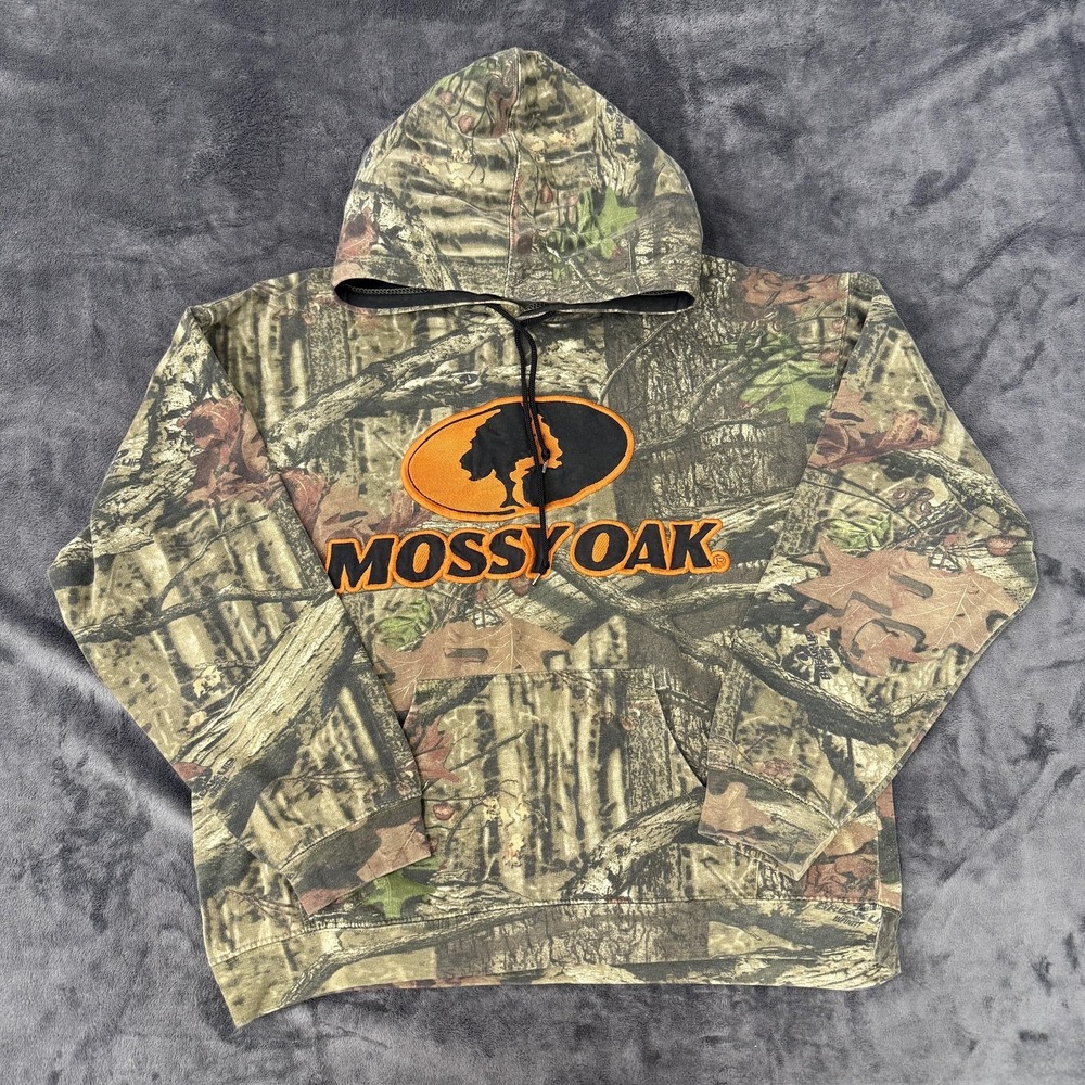 Mossy Oak Hoodie Sweatshirt Mens Large Brown Camo Fleece Pullover Hunting Logo